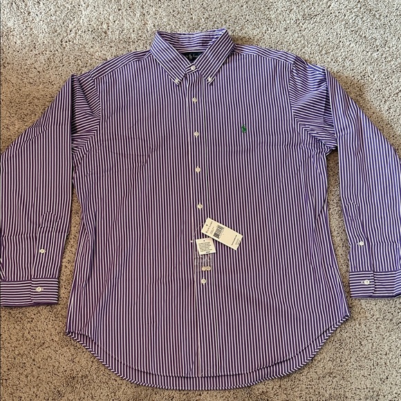 Polo Ralph Lauren Purple and White Striped Shirt CLASSIC FIT LARGE NWT - Picture 1 of 6
